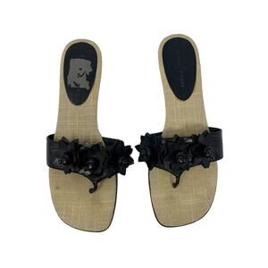 Etienne Aigner Low Heel Sandal Women 8 Black Leather Floral Slip On Thongs Fairy